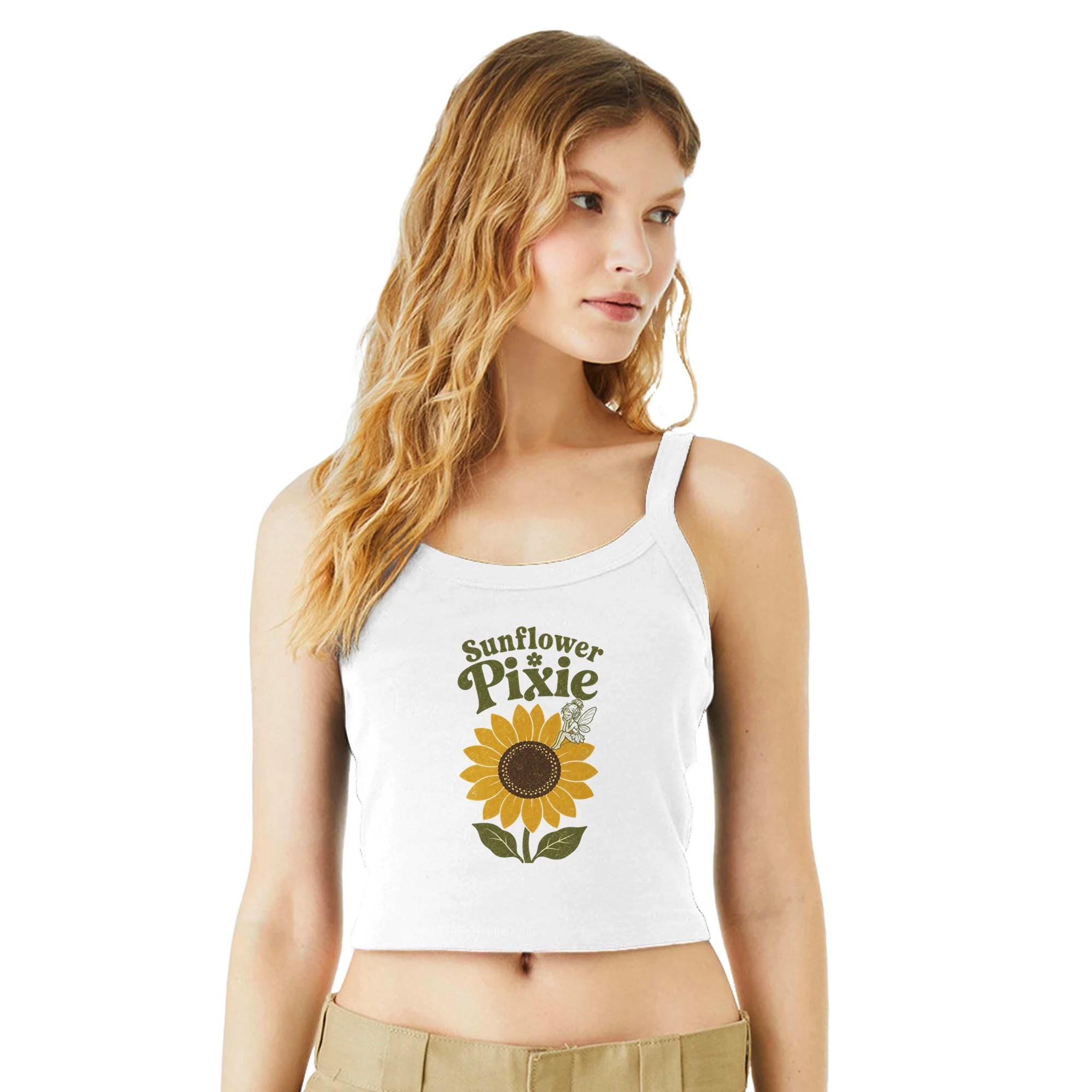 Sunflower Pixie Micro Ribbed Tank Top, Boho Floral Summer Tee, Sustainable Cotton Blend