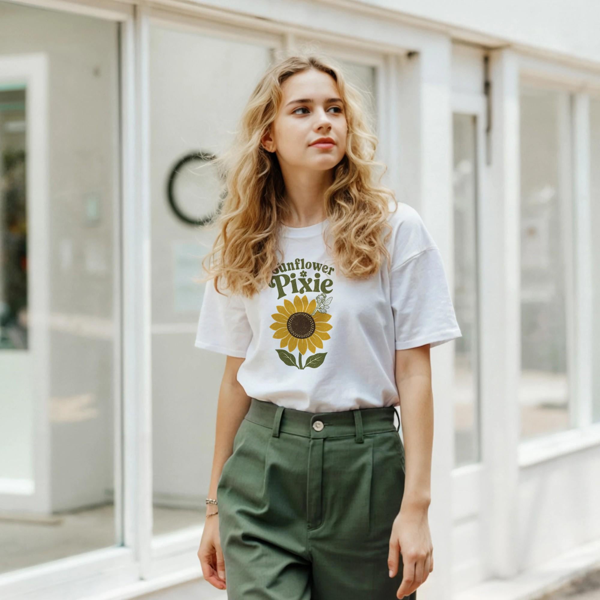 Sunflower Pixie Shirt, Boho Botanical Graphic Tee, Summer Garden Floral T-Shirt