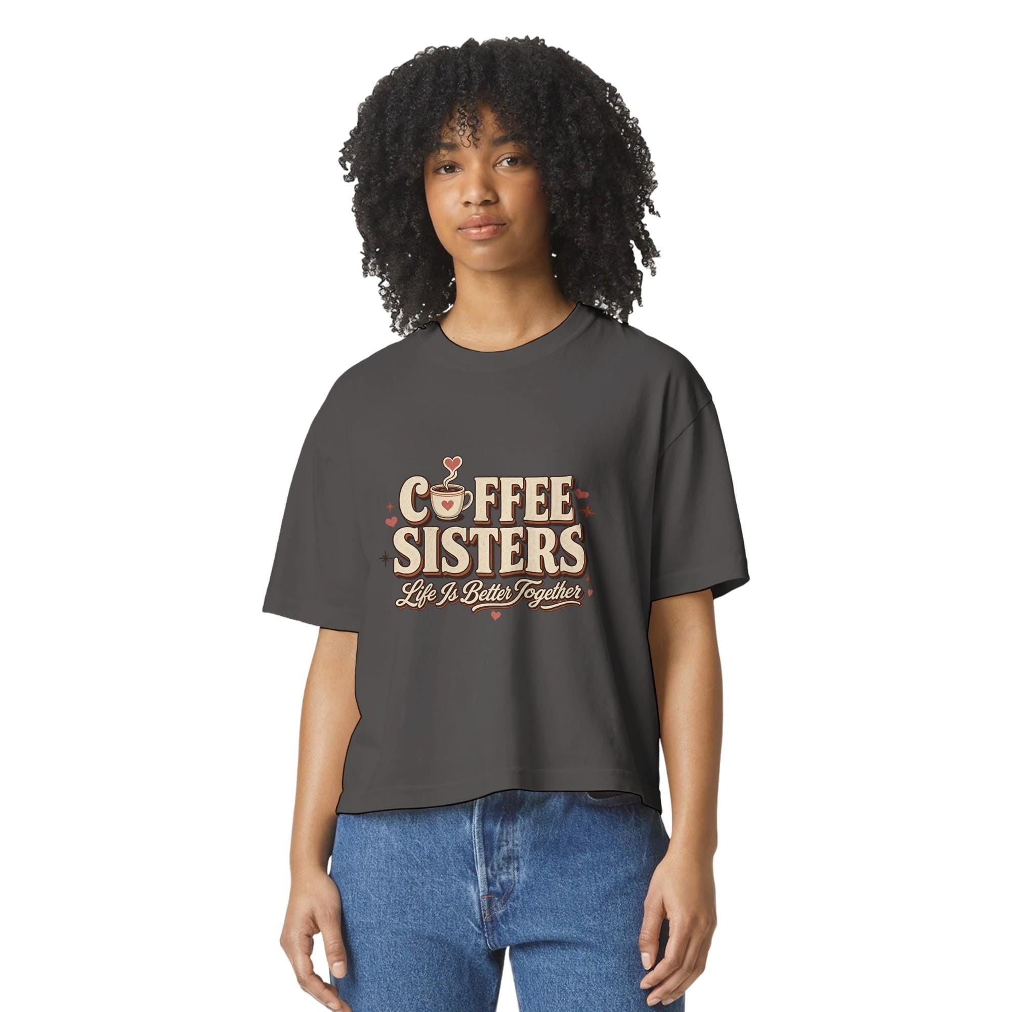 Coffee Sisters Cropped T-Shirt, Retro Caffeine Graphic Tee, Comfort Colors Boxy Shirt
