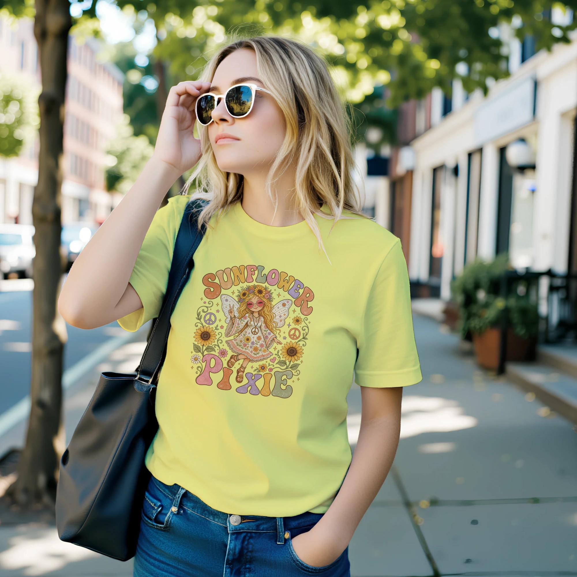 Sunflower Pixie T-Shirt, Boho Fairy Graphic Tee, Whimsical Summer Clothing