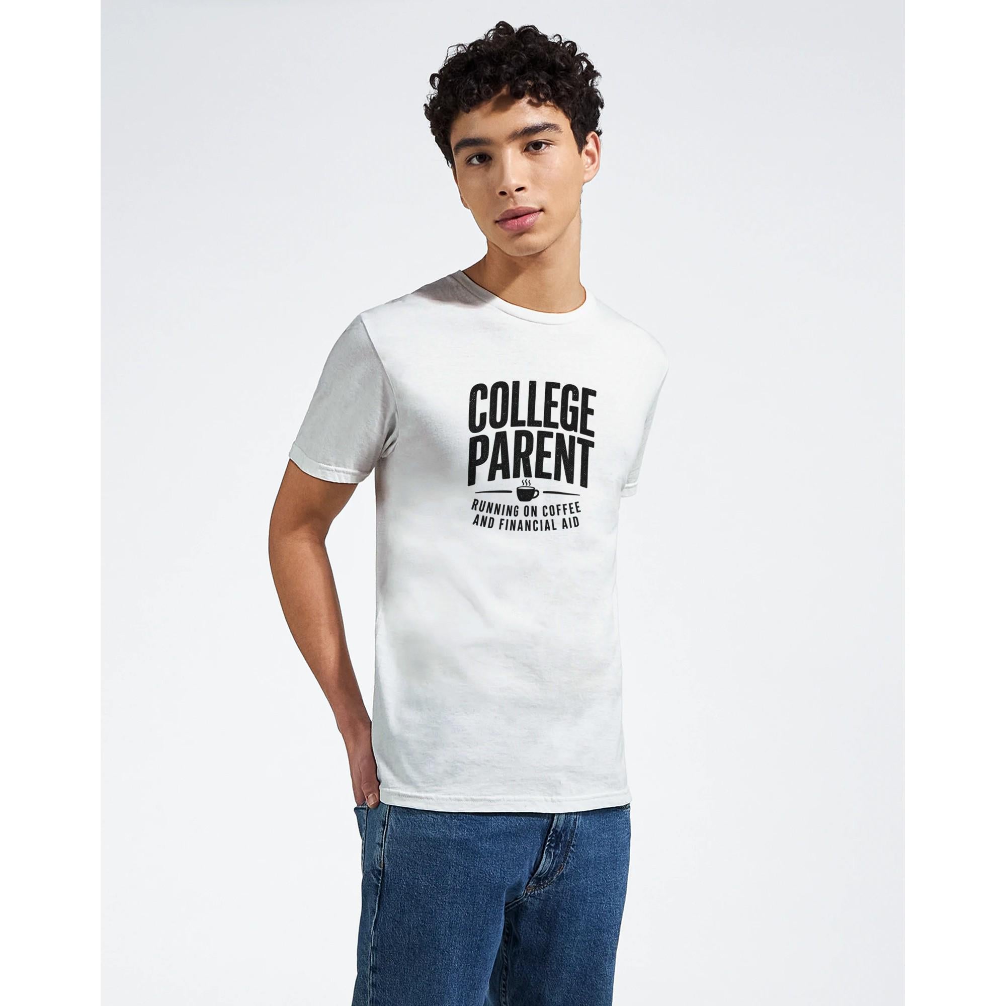 College Parent T-Shirt, Running on Coffee and Financial Aid Tee