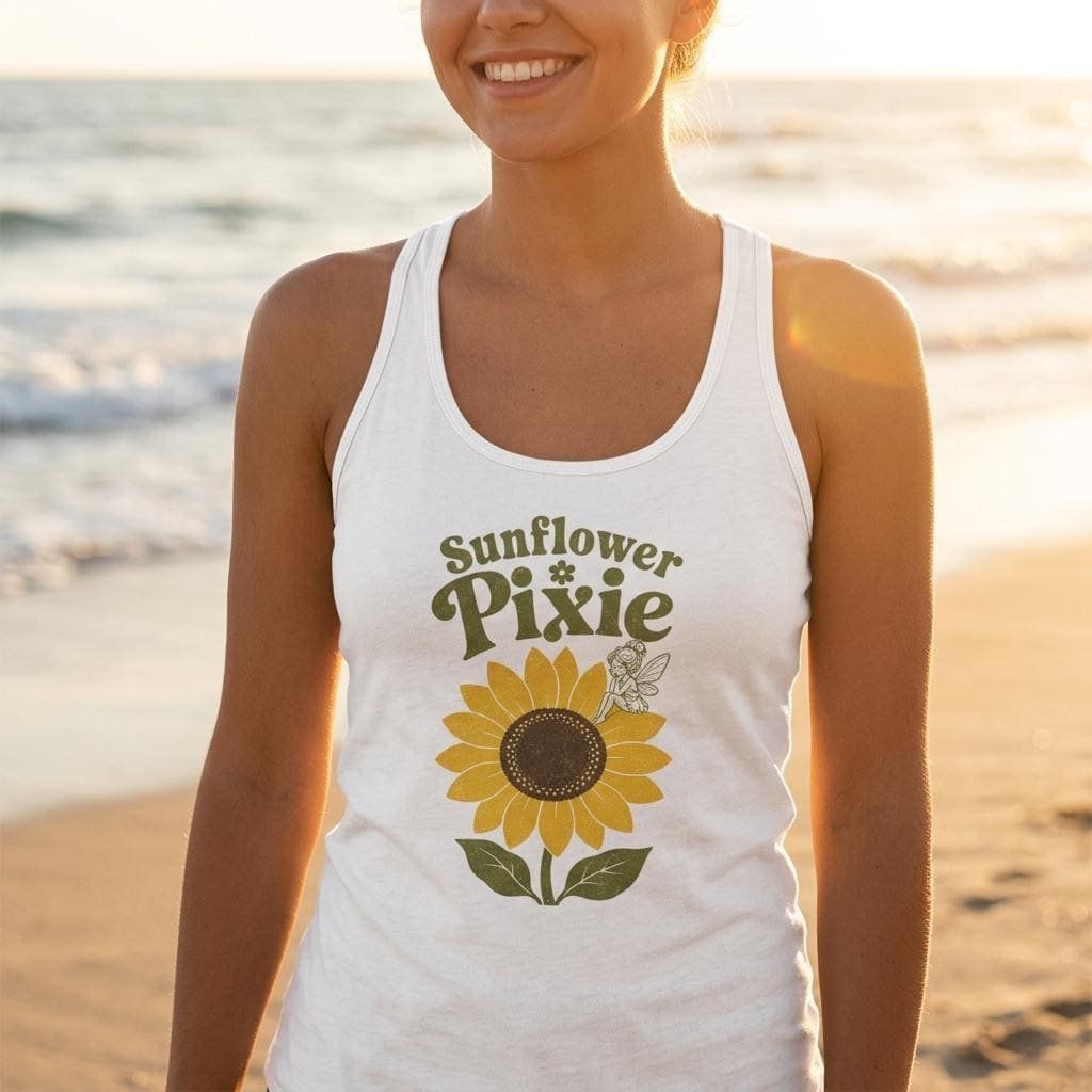 Sunflower Pixie Tank Top, Boho Summer Beach Racerback, Floral Graphic Festival Tank