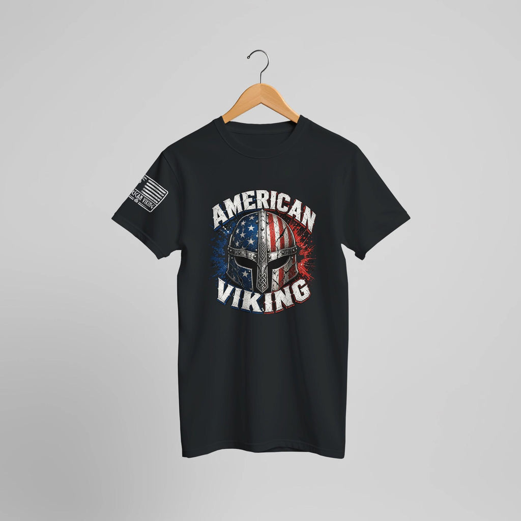 American Viking Helmet Shirt | Distressed Norse Warrior USA Flag Tee