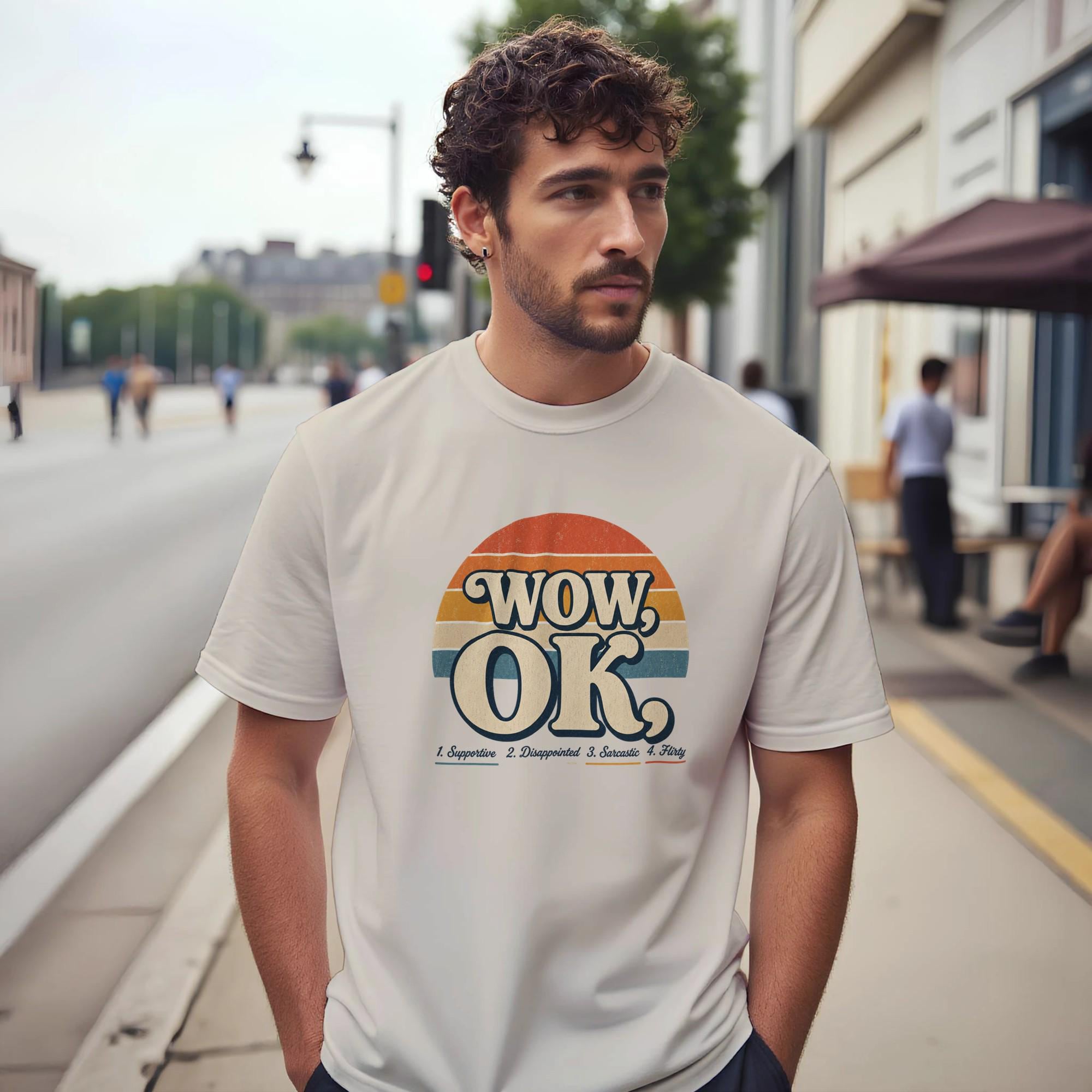 WOW OK Retro Sunset Graphic Tee, Viral Social Media Cotton Shirt