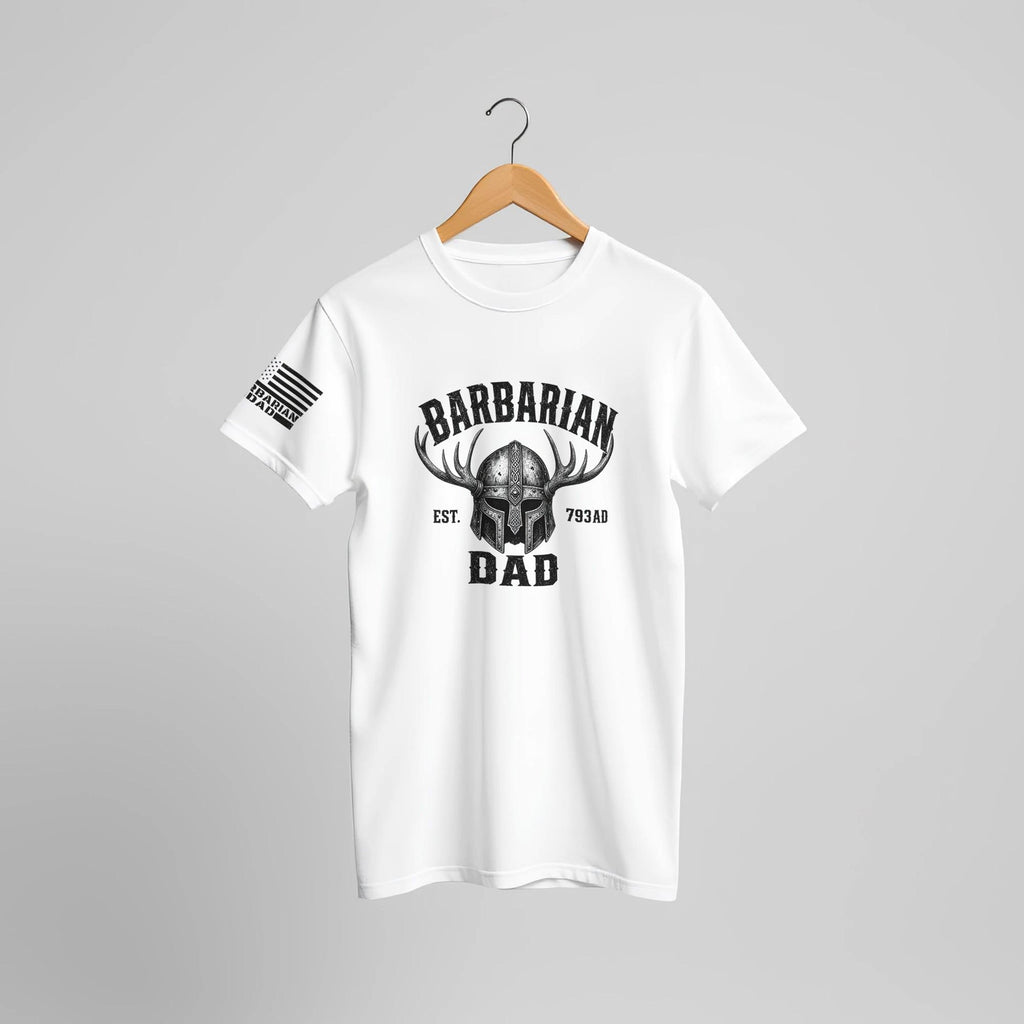 Barbarian Dad Viking Helmet T-Shirt, Norse Warrior Graphic Tee, Father's Day Gift