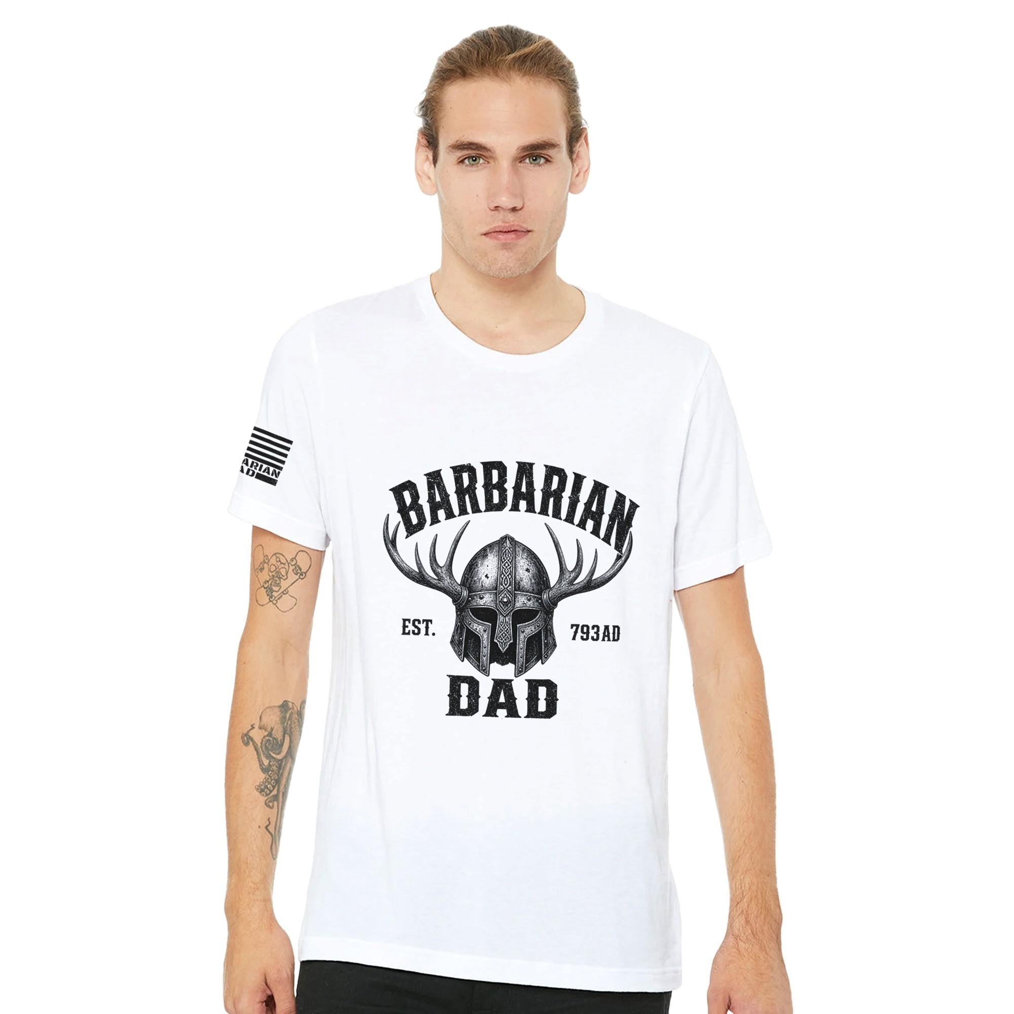 Barbarian Dad Viking Helmet T-Shirt, Norse Warrior Graphic Tee, Father's Day Gift