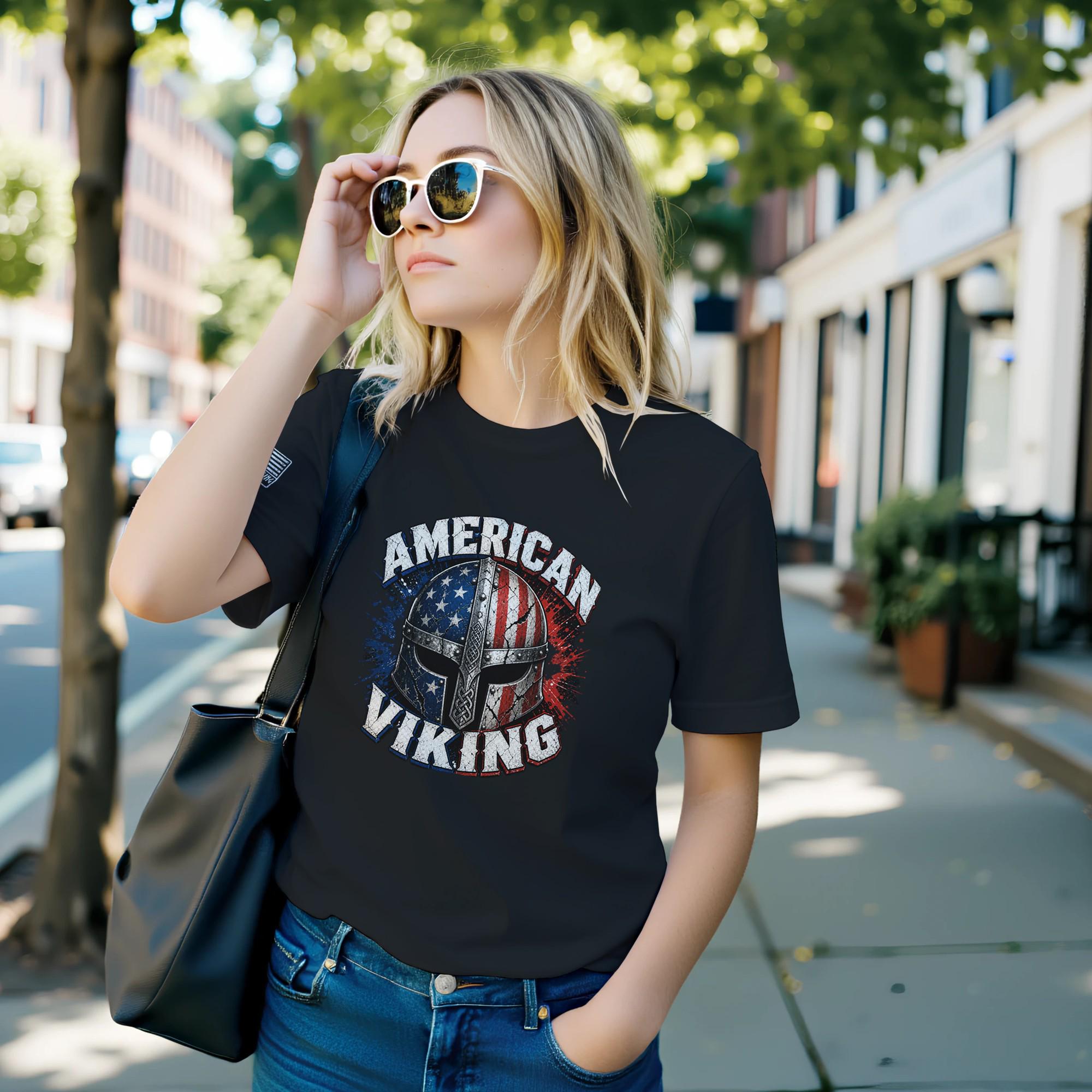 American Viking Helmet Shirt | Distressed Norse Warrior USA Flag Tee