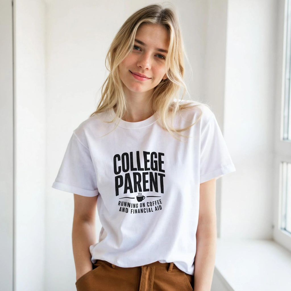 College Parent T-Shirt, Running on Coffee and Financial Aid Tee
