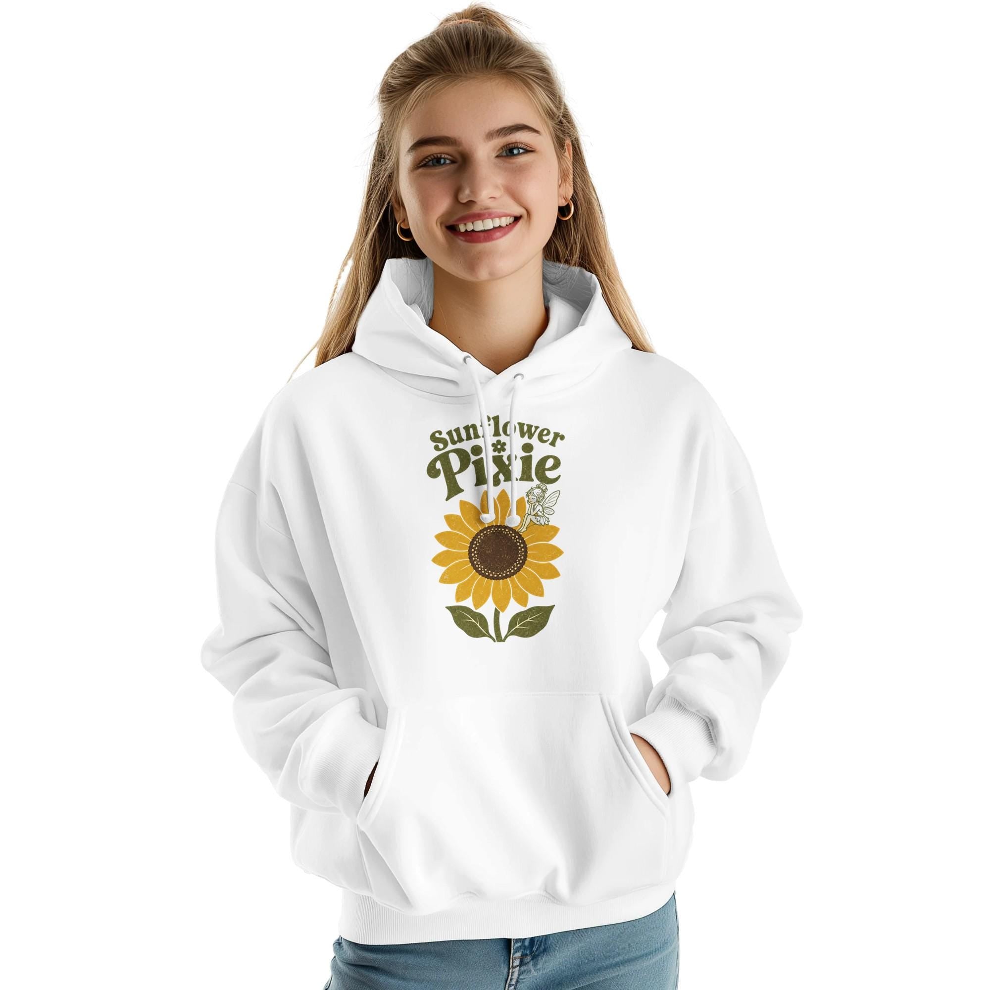 Sunflower Pixie Hoodie, Whimsical Floral Boho Pullover, Summer Spring Sweatshirt