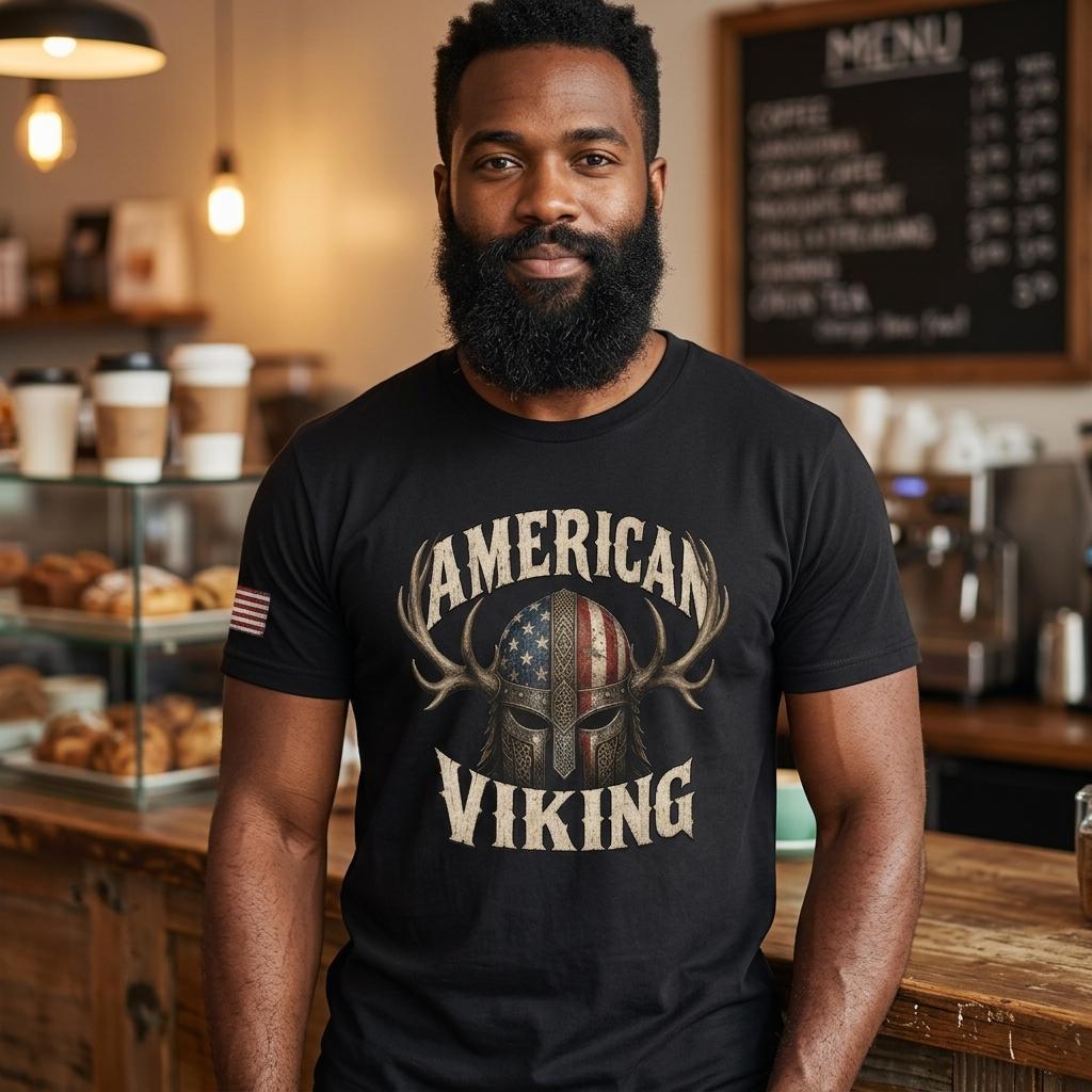 American Viking Norse Warrior Helmet T-Shirt, Distressed Antler Graphic Tee