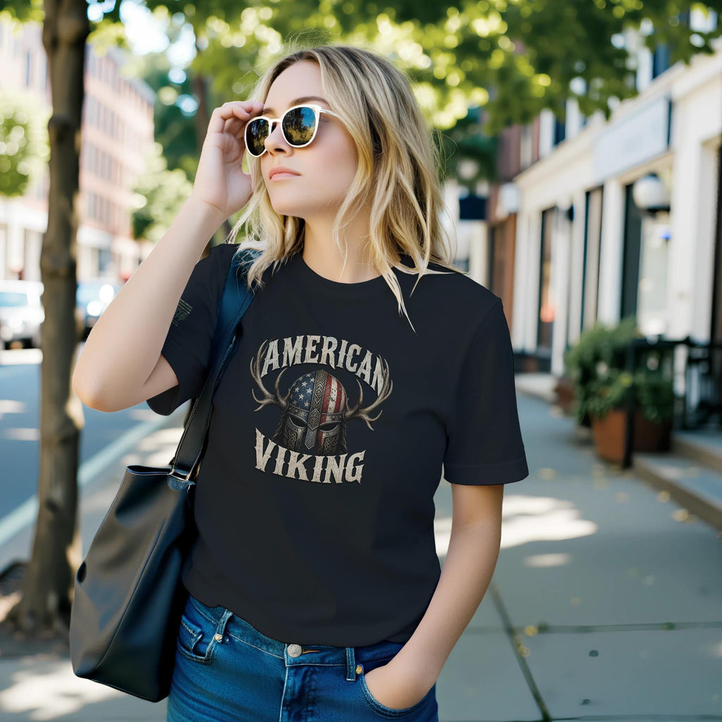 American Viking Norse Warrior Helmet T-Shirt, Distressed Antler Graphic Tee