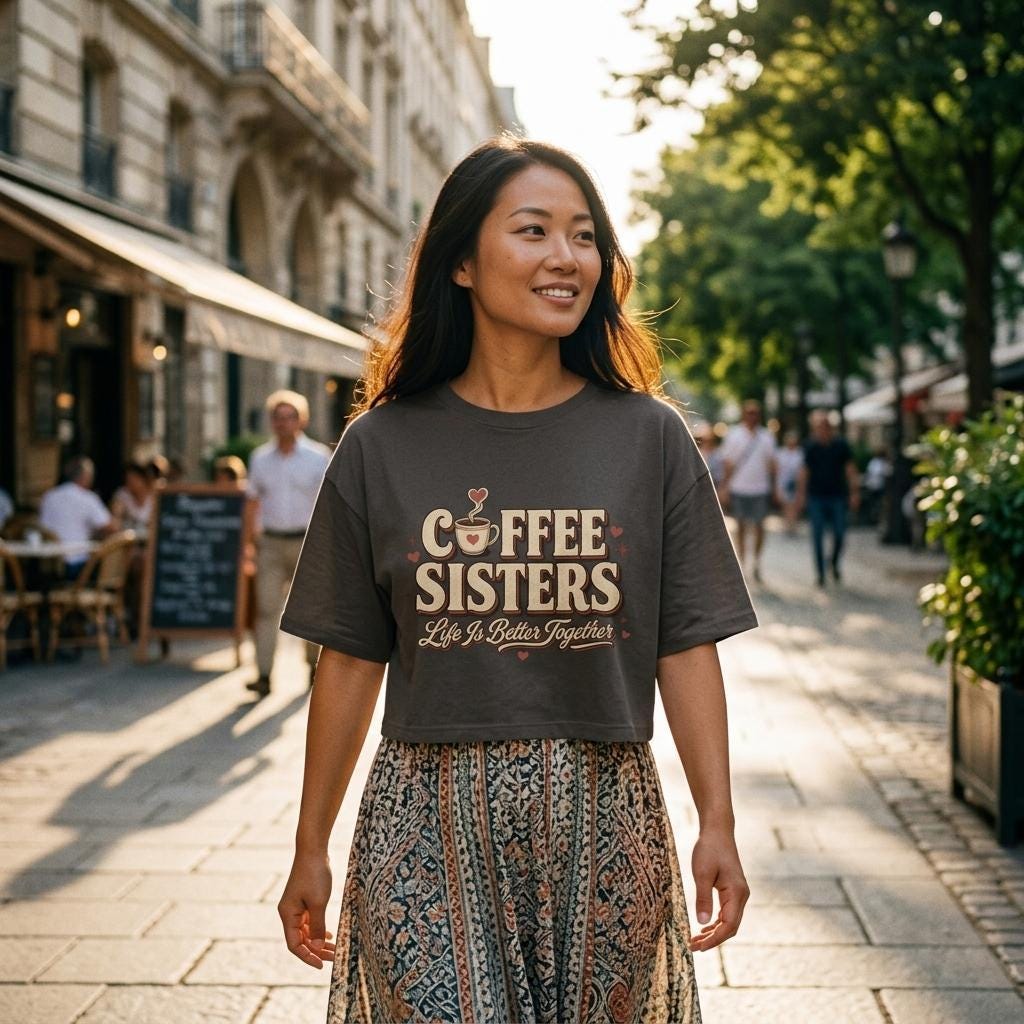 Coffee Sisters Cropped T-Shirt, Retro Caffeine Graphic Tee, Comfort Colors Boxy Shirt