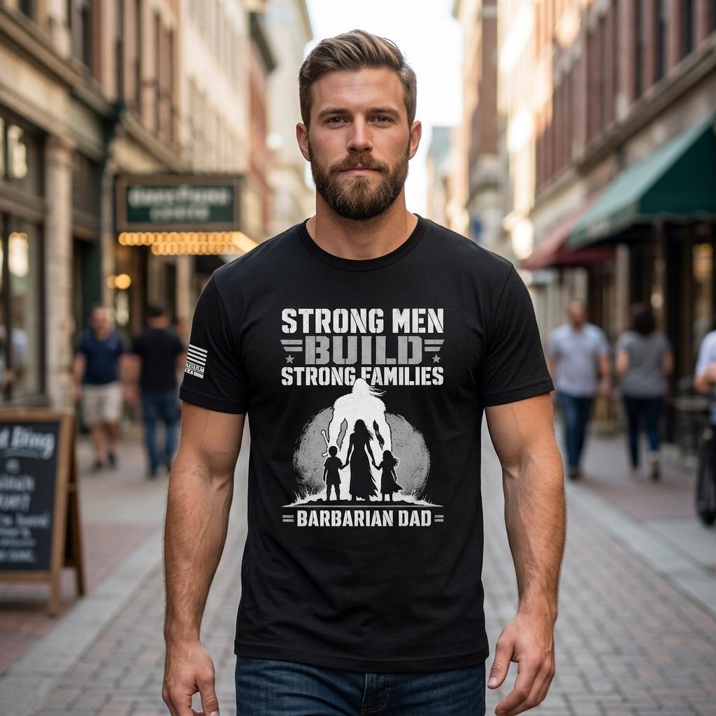 Man wearing a black t-shirt with 'Strong Men Build Strong Families' text and graphic on a city street.