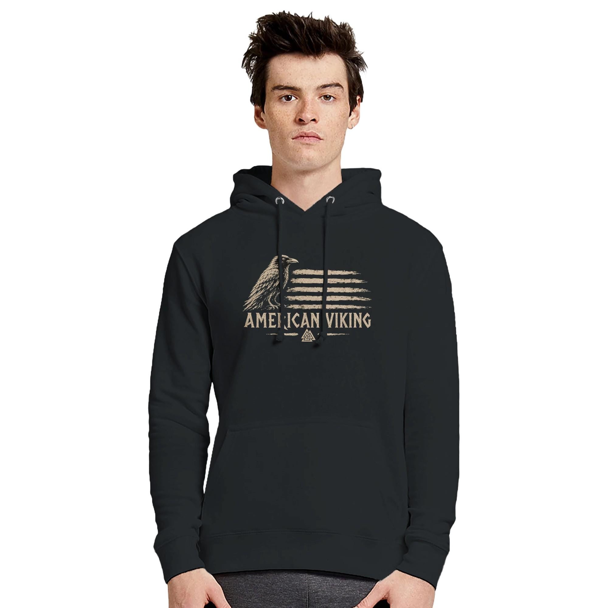American Viking Hoodie, Norse Raven Valknut Graphic Sweatshirt, Warrior Mythology Apparel