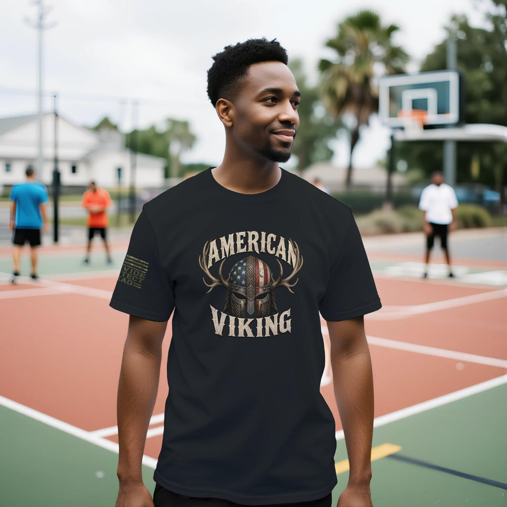 American Viking Norse Warrior Helmet T-Shirt, Distressed Antler Graphic Tee