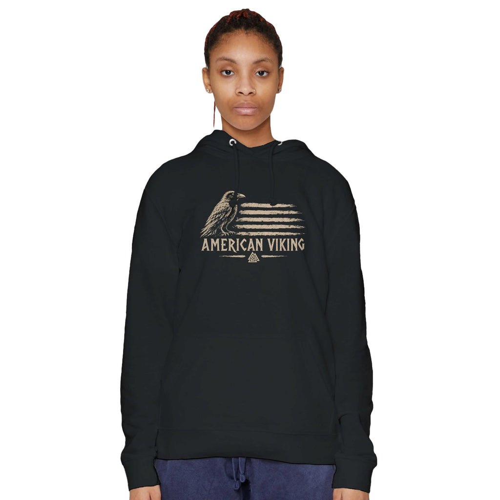 American Viking Hoodie, Norse Raven Valknut Graphic Sweatshirt, Warrior Mythology Apparel