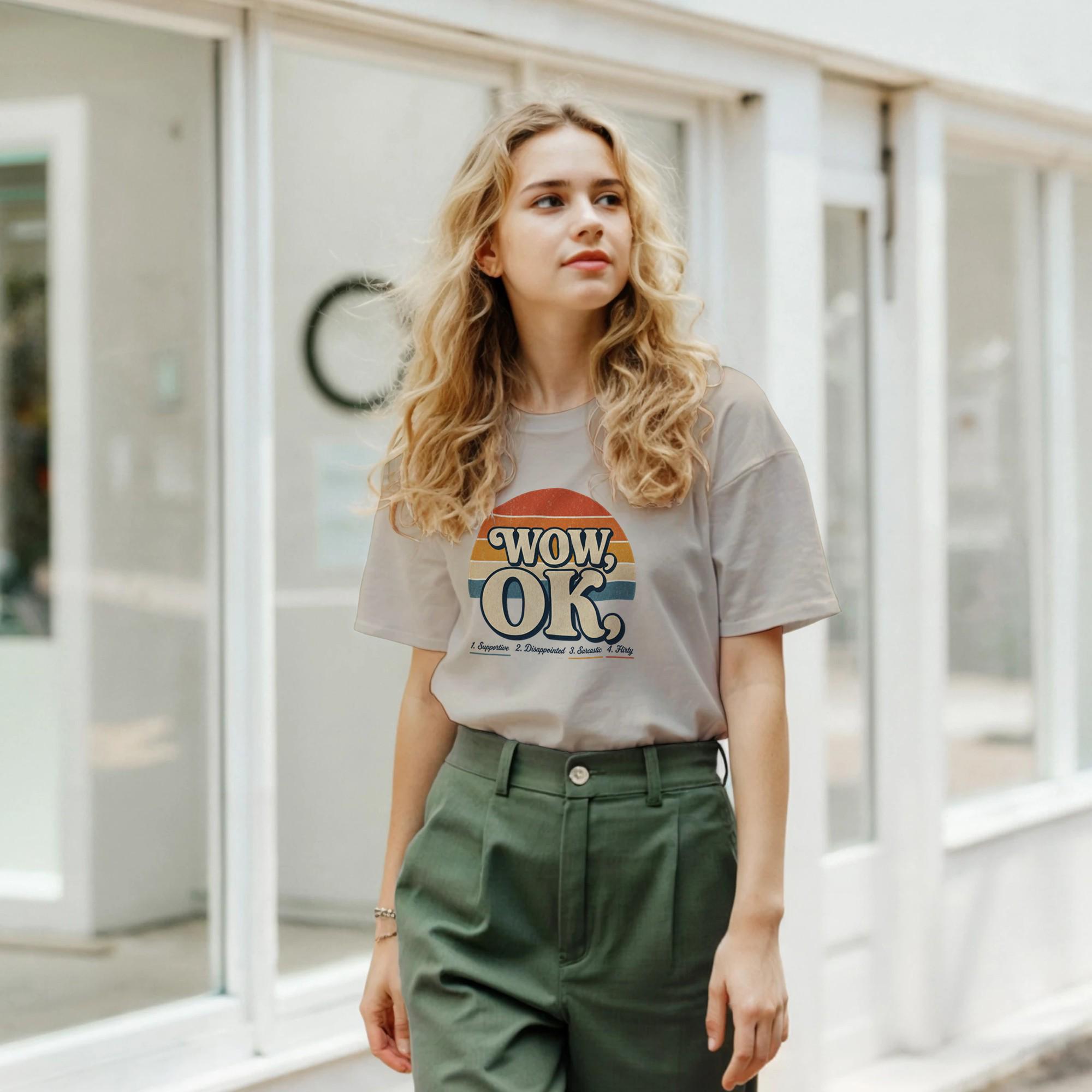 WOW OK Retro Sunset Graphic Tee, Viral Social Media Cotton Shirt