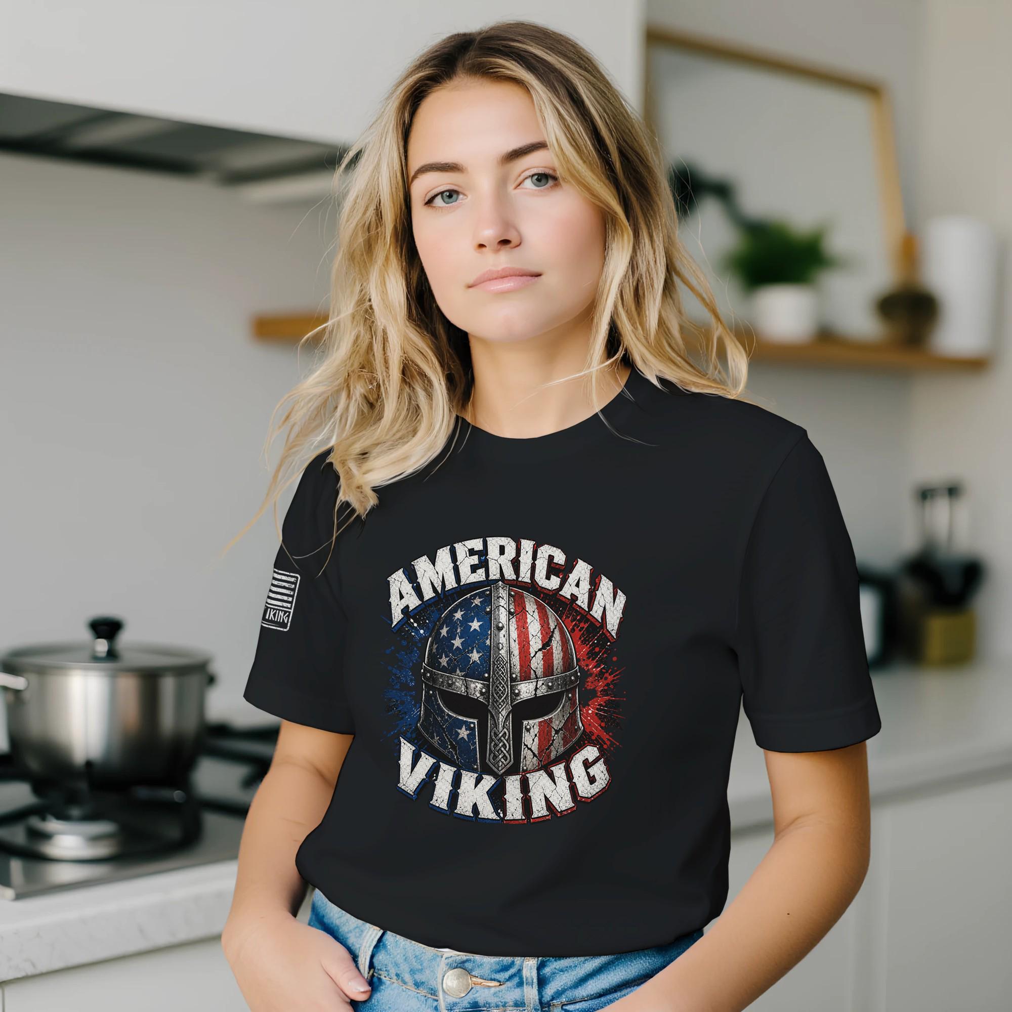 American Viking Helmet Shirt | Distressed Norse Warrior USA Flag Tee