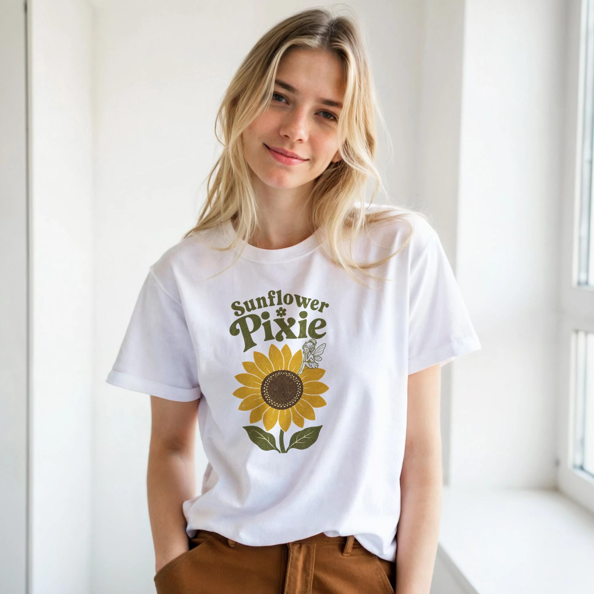 Sunflower Pixie Shirt, Boho Botanical Graphic Tee, Summer Garden Floral T-Shirt