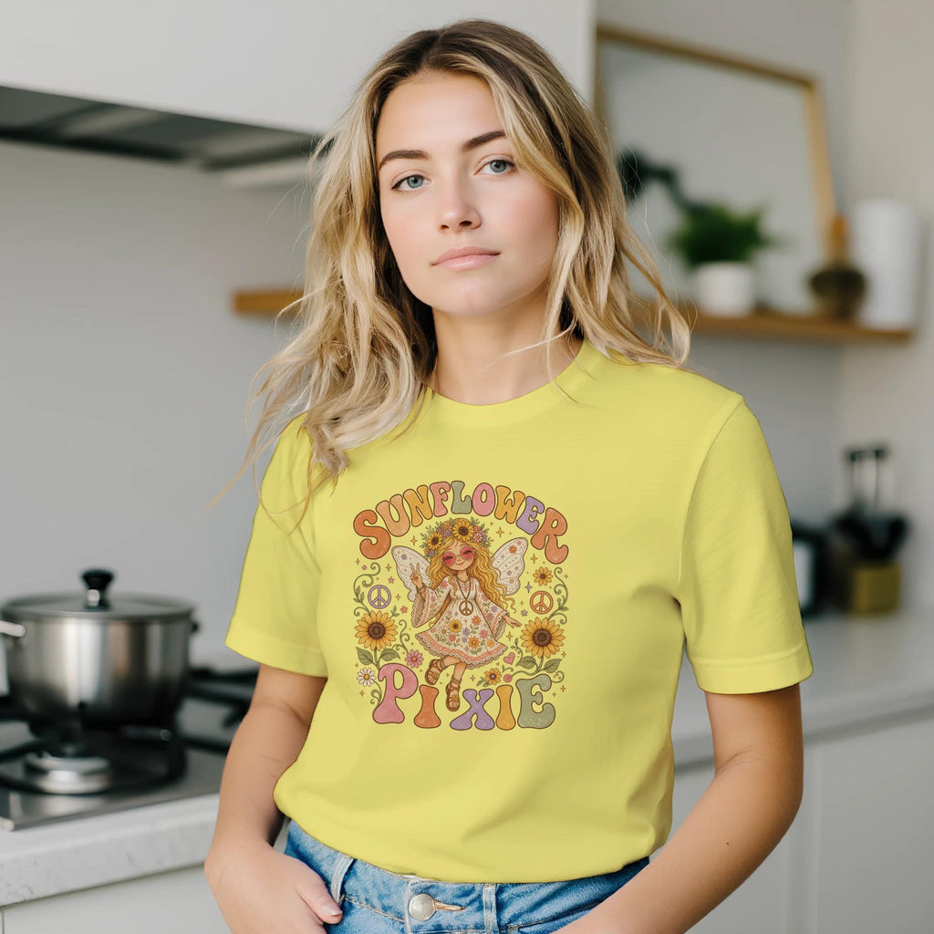 Sunflower Pixie T-Shirt, Boho Fairy Graphic Tee, Whimsical Summer Clothing