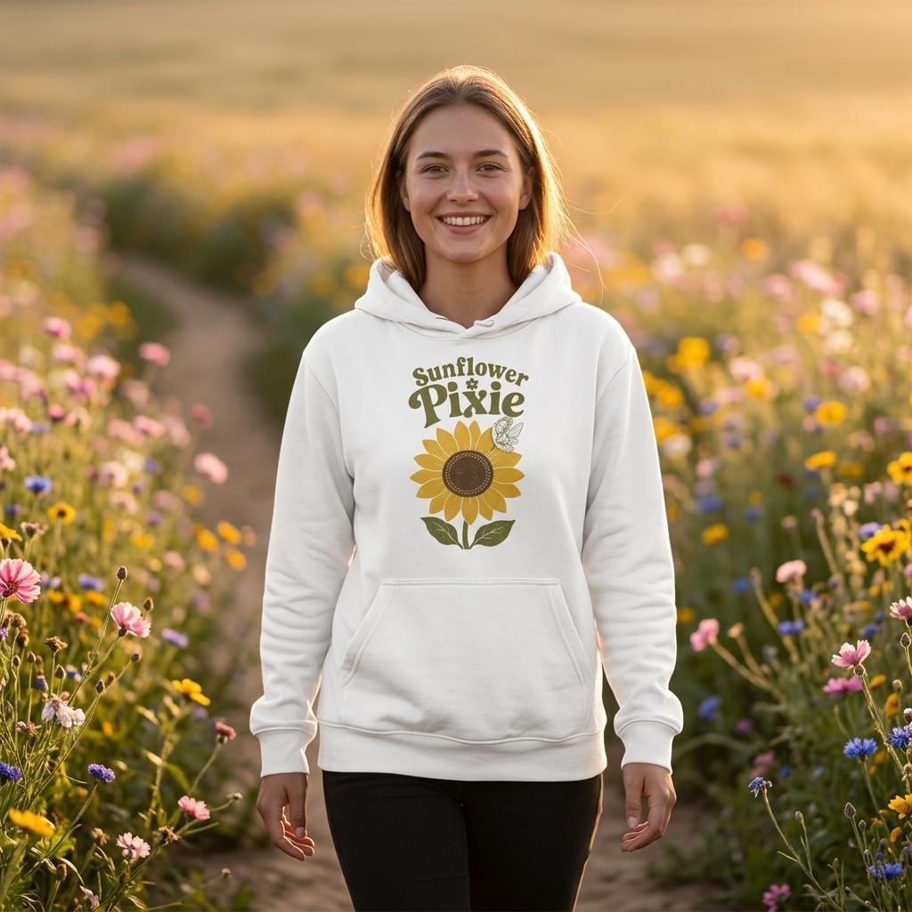 Sunflower Pixie Hoodie, Whimsical Floral Boho Pullover, Summer Spring Sweatshirt