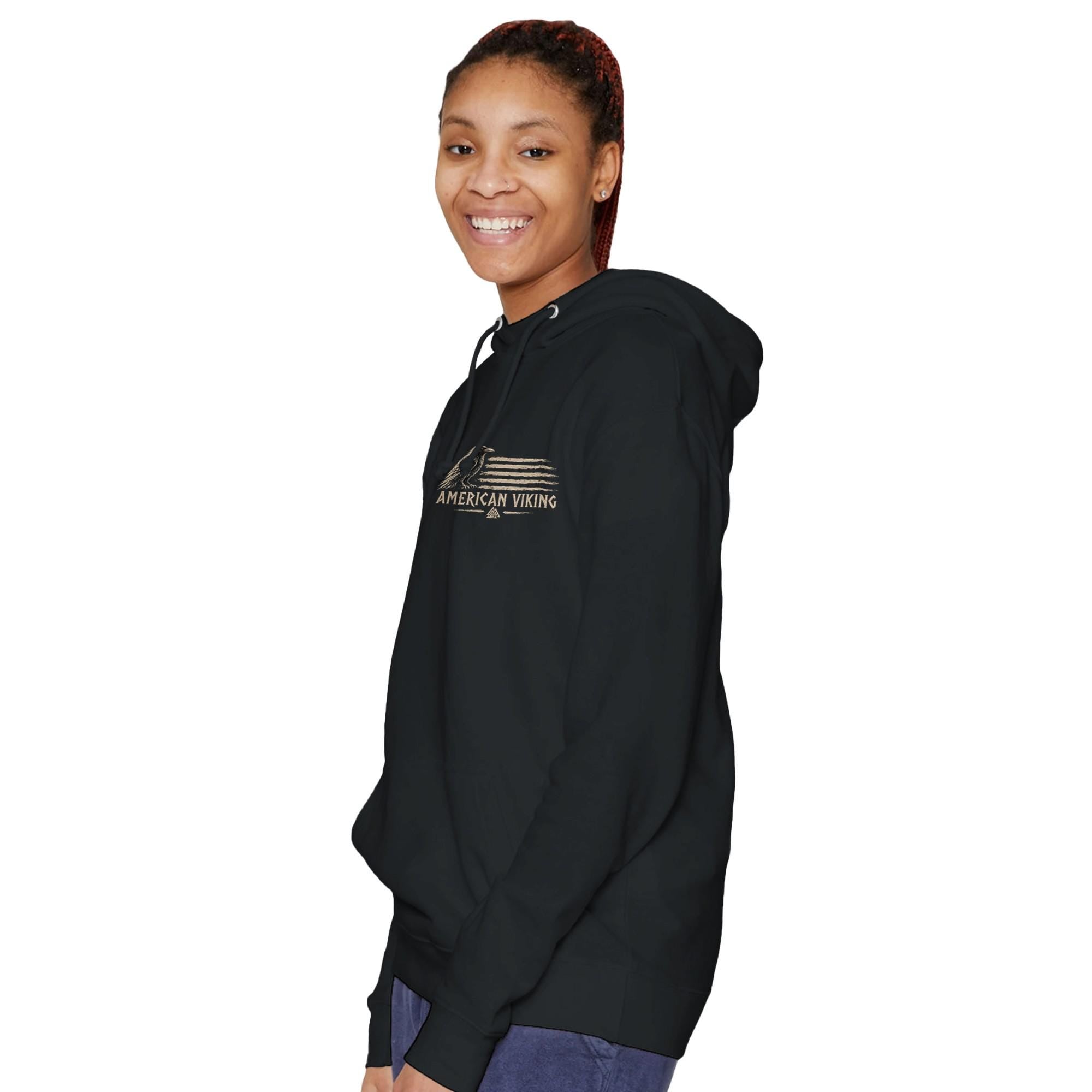 American Viking Hoodie, Norse Raven Valknut Graphic Sweatshirt, Warrior Mythology Apparel