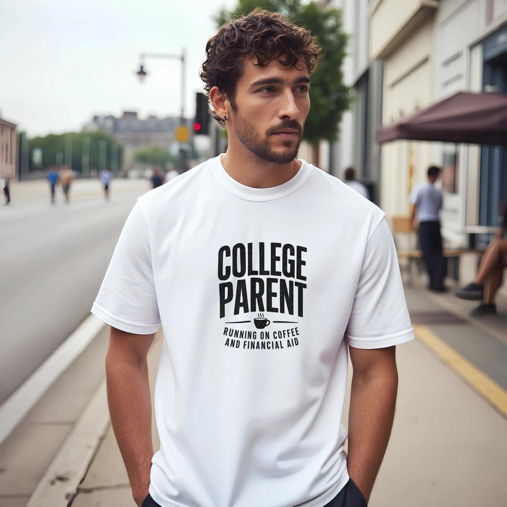 College Parent T-Shirt, Running on Coffee and Financial Aid Tee