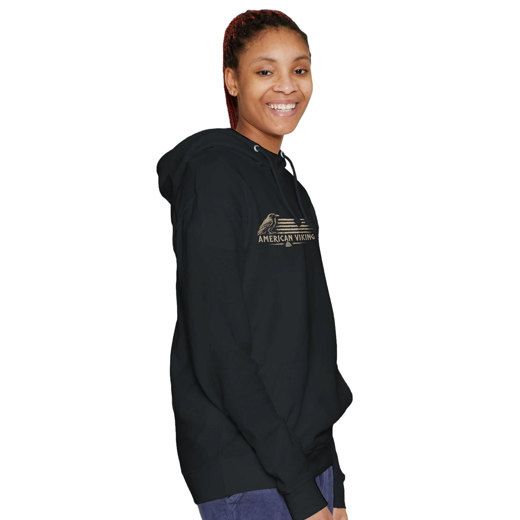 American Viking Hoodie, Norse Raven Valknut Graphic Sweatshirt, Warrior Mythology Apparel