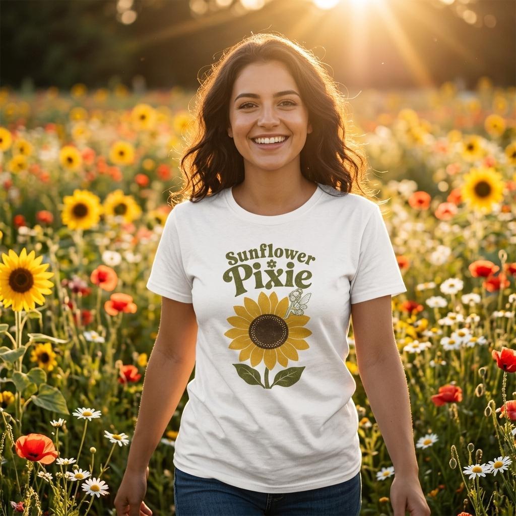 Sunflower Pixie Shirt, Boho Botanical Graphic Tee, Summer Garden Floral T-Shirt
