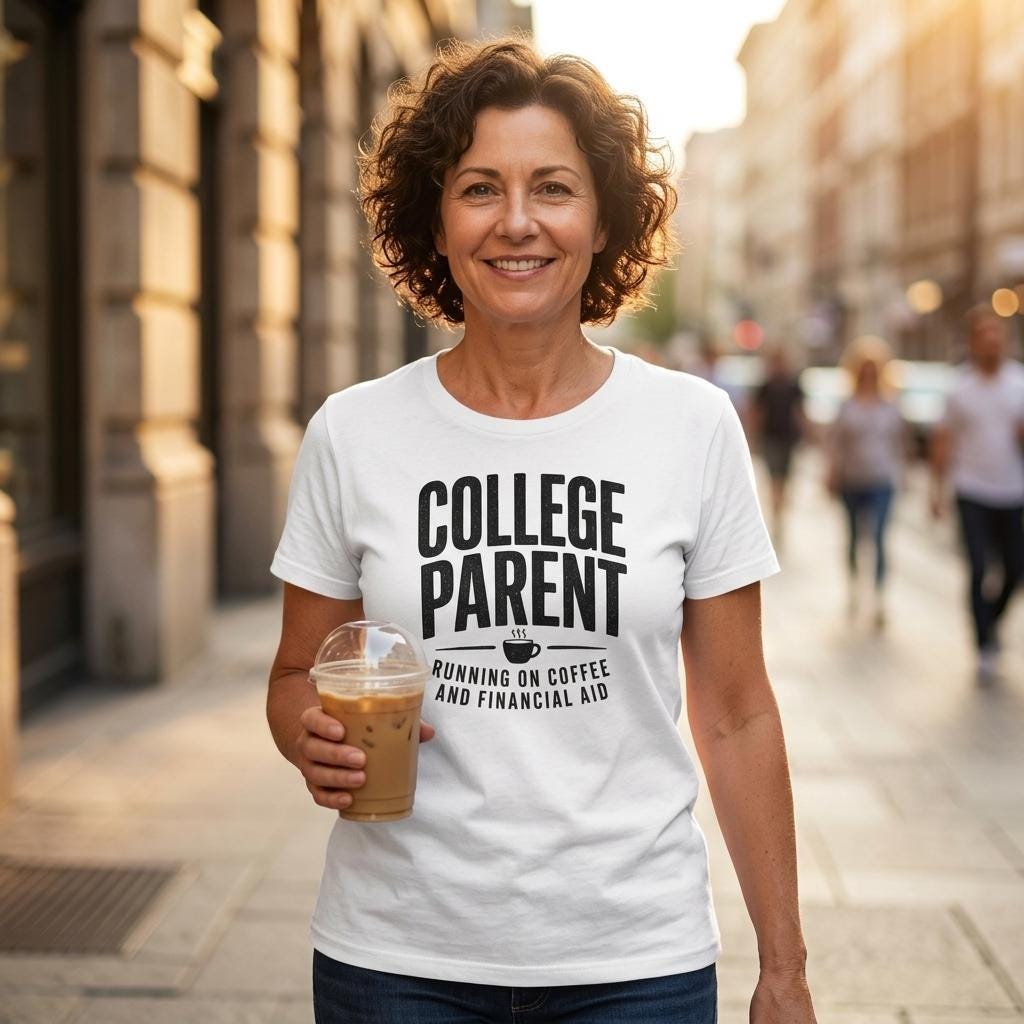 College Parent T-Shirt, Running on Coffee and Financial Aid Tee